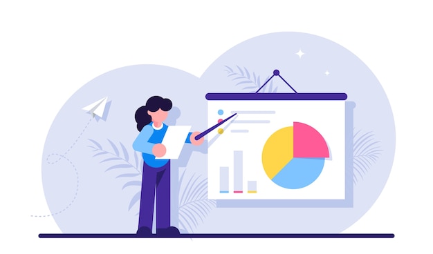 Bedrijfsstatistieken, demonstratie van financiële gegevens, statistisch onderzoek. Manager die presentatie maakt