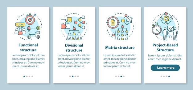 Bedrijfsstructuur onboarding mobiele app paginascherm met lineaire concepten. organisatie hiërarchie. grafische instructies voor bedrijfsbeheer. ux, ui, gui vectorsjabloon met illustraties