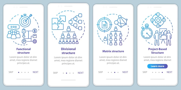 Bedrijfsstructuur onboarding mobiele app paginascherm met lineaire concepten