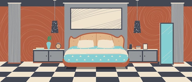 Camera da letto design interni marrone letto a tema soggiorno piatto illustrazione vettoriale