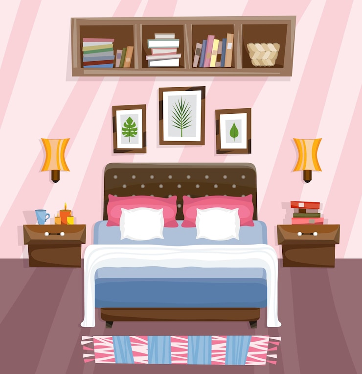 Vector bedroom flat interior design room with bed