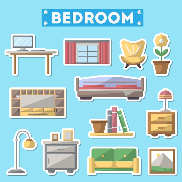 Bedroom furniture icon set in flat style