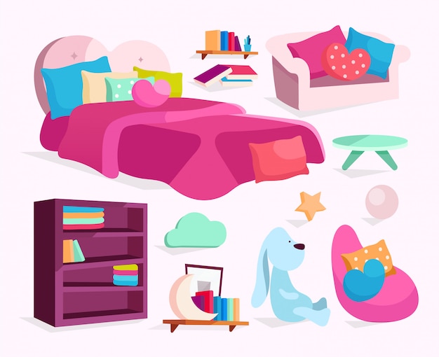 Set di illustrazioni di mobili per camera da letto. letto da ragazza, divano, poltrona con adesivi per cuscini, pacchetto cliparts.