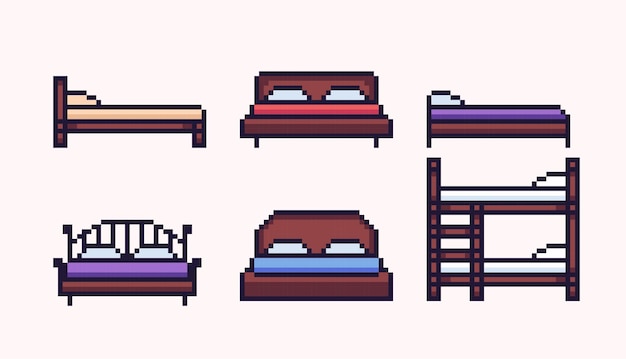 Set di pixel art per mobili da camera da letto. collezione letto singolo e matrimoniale. sprite a 8 bit.