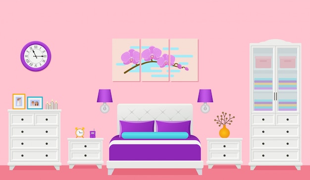 Vector bedroom, hotel room interior with bed. illustration.