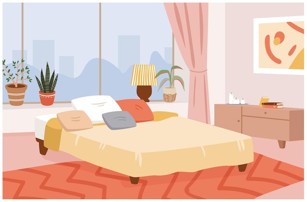 寝室のヒュッゲの家のインテリアのベクトル図です。モダンなパノラマの窓、居心地の良いベッドと枕、観葉植物、キャンドル、ランプの背景を持つ漫画スカンジナビアのインテリアルームデザインのアパート