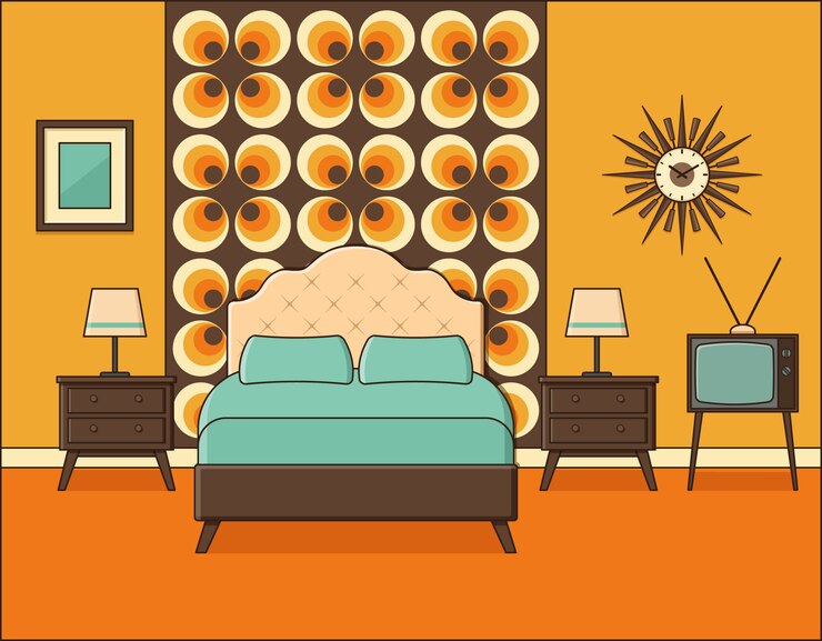 Vector bedroom interior. hotel room in flat design. retro.