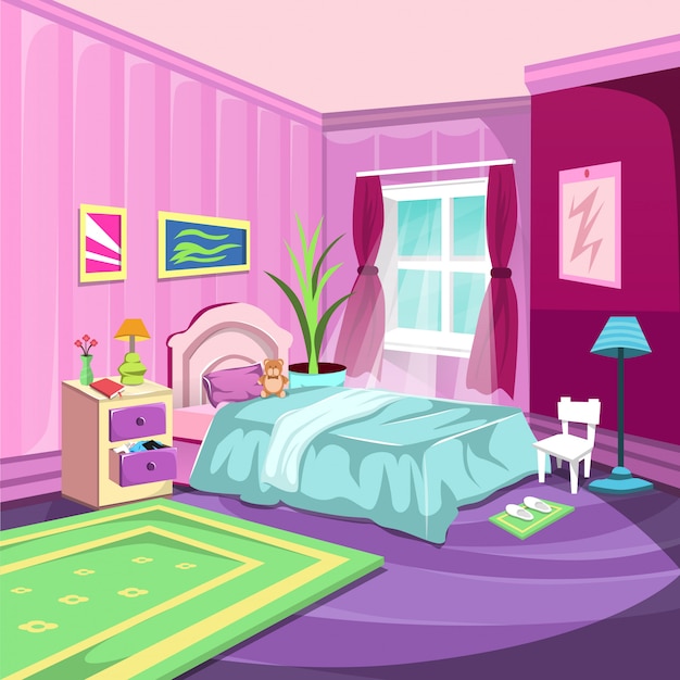 Vector bedroom interior room with large window and pink curtain