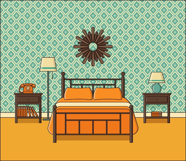 Vettore interno della camera da letto. vettore. camera d'albergo in design piatto. spazio domestico retrò con letto in linea art. illustrazione di contorno