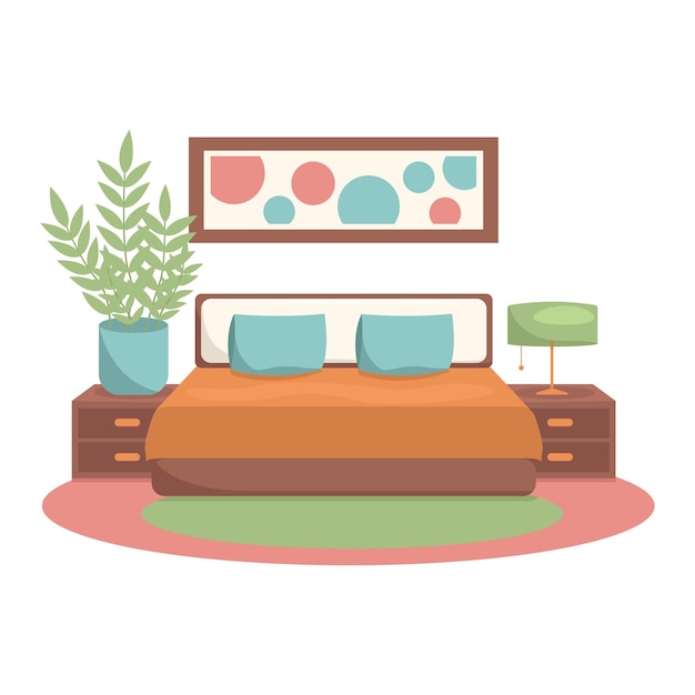 Vector bedroom interior vector no background bed bedside tables paintings vase of flowers carpet etc