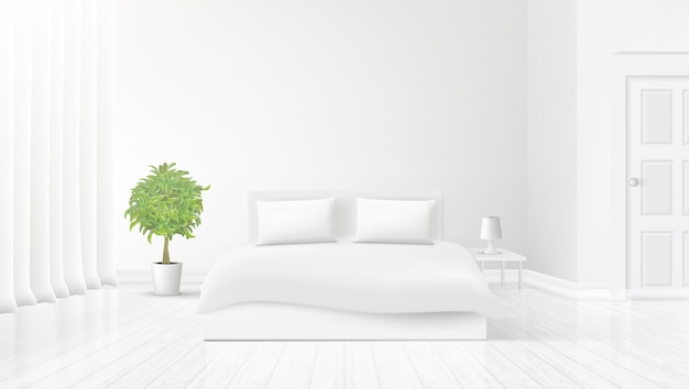 Vector bedroom interior with bed cushions curtains and green plant