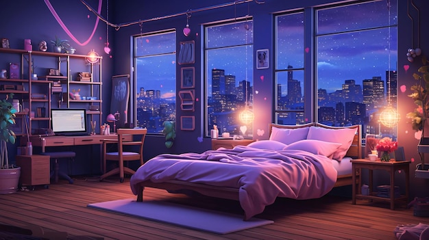 ベクトル 寝室のインテリアと夜の都市ビュー 3d レンダリング コンピュータデジタル絵画