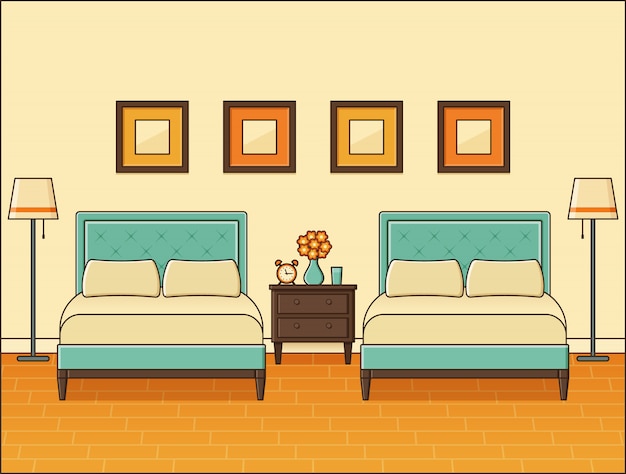 Bedroom interior with two beds. hotel room. home retro space in flat design.