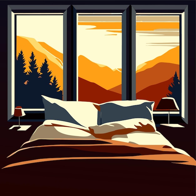 Vector bedroom mountain view illustration