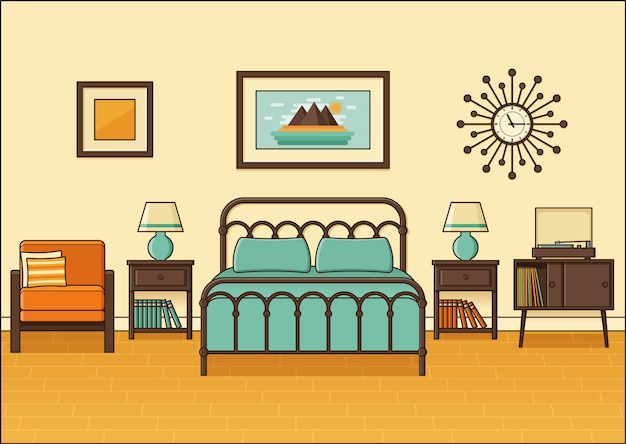 Bedroom retro interior. Hotel room in flat .  illustration.