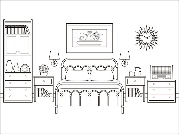 Bedroom retro interior. Hotel room with bed. House flat design. Home space in line art. Black white sketch