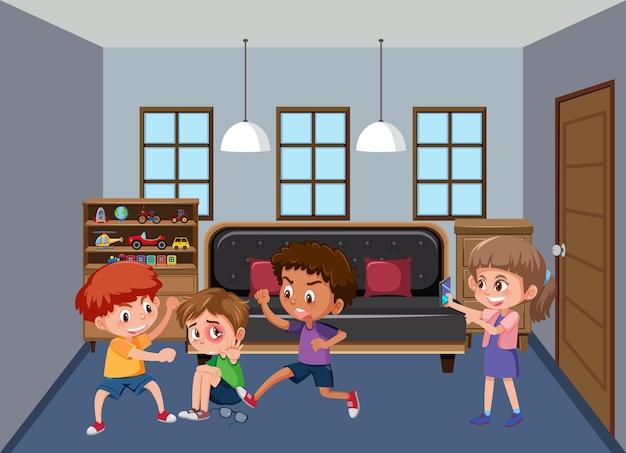 Vector bedroom scene with children cartoon character