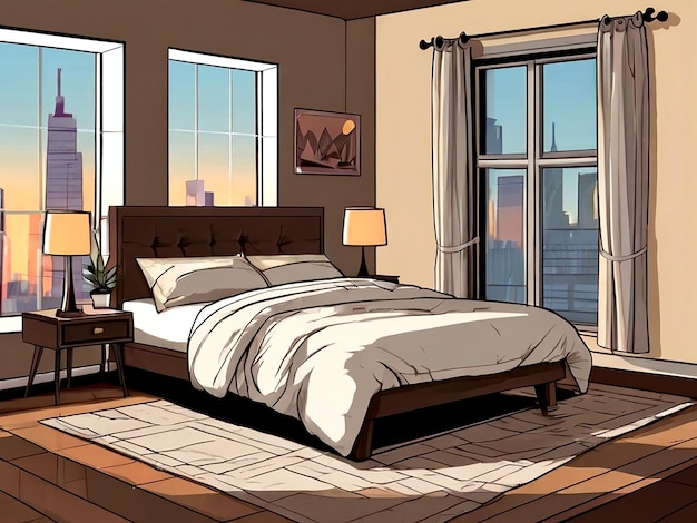 Vector a bedroom with a bed a window and a window with a view of the ocean