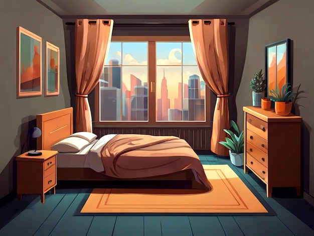 a bedroom with a bed and a window with the city in the background