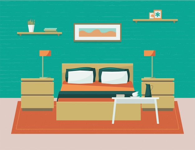 Camera da letto con mobili illustrazione di stile cartone animato piatto.