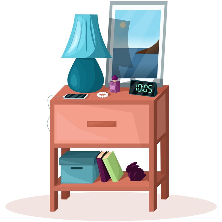 Vector bedside table in bedroom with phone, clock, lamp