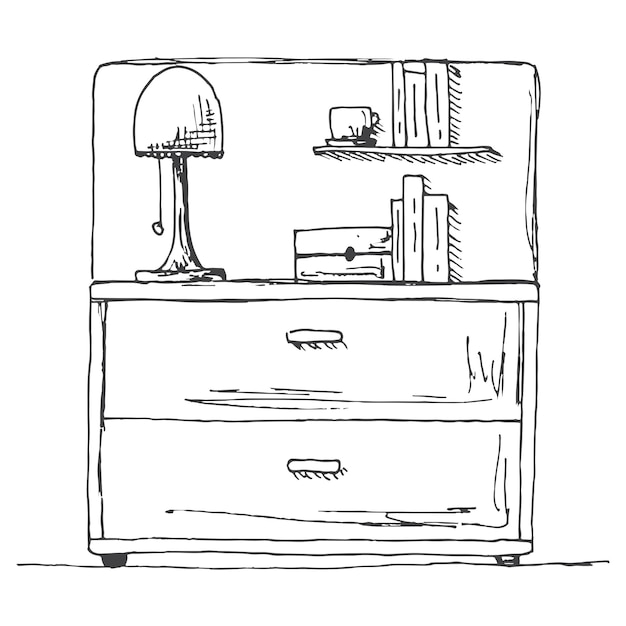 ランプとベッドサイドテーブルスケッチスタイルのベクトル図