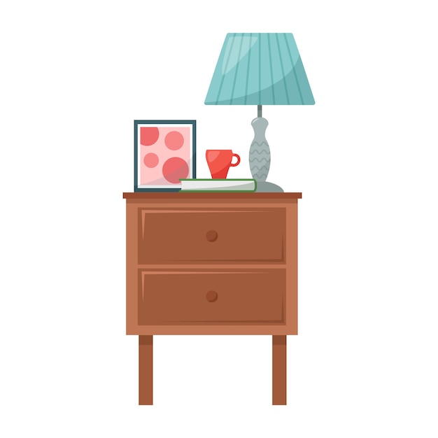 Vector bedside table with lamp, book, mug, picture, vector illustration