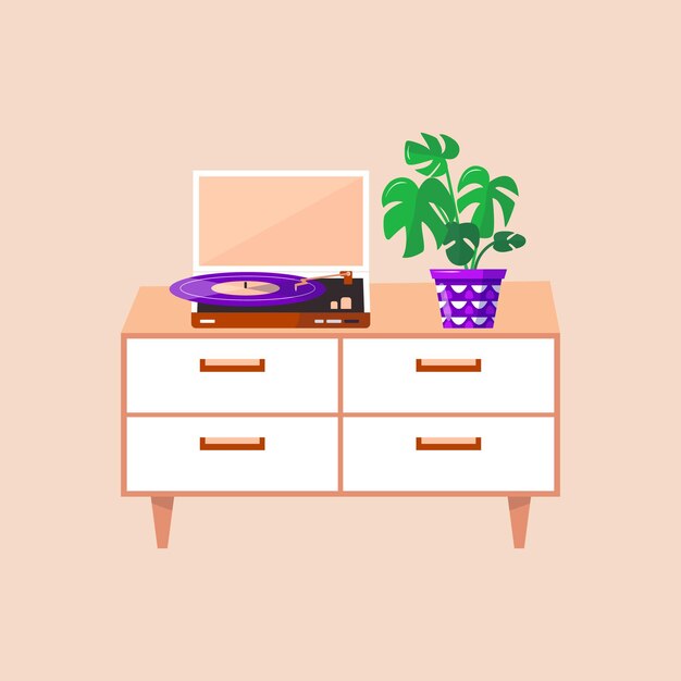 Vector bedside table with potted plant and turntable for vinyl record. interior design for cozy lounge room in comfortable apartment. vector retro record player