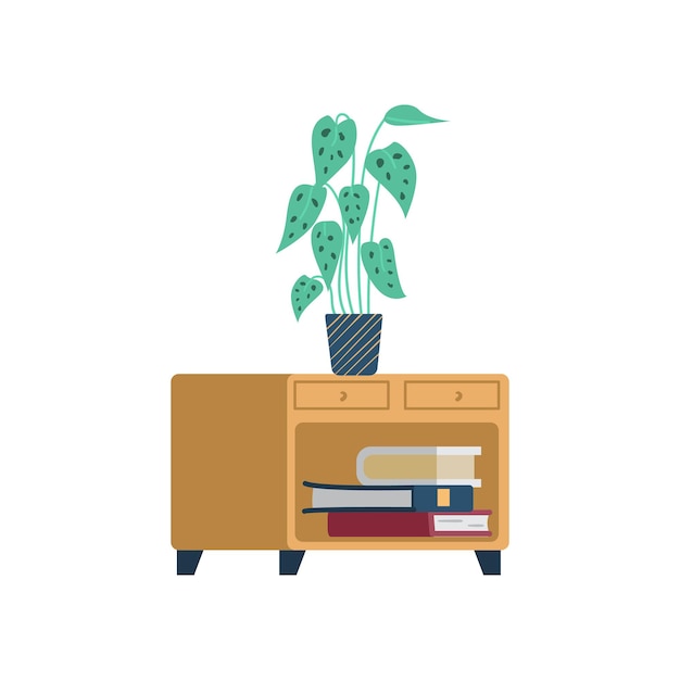 Vector bedside wooden table with flower and books flat vector illustration isolated