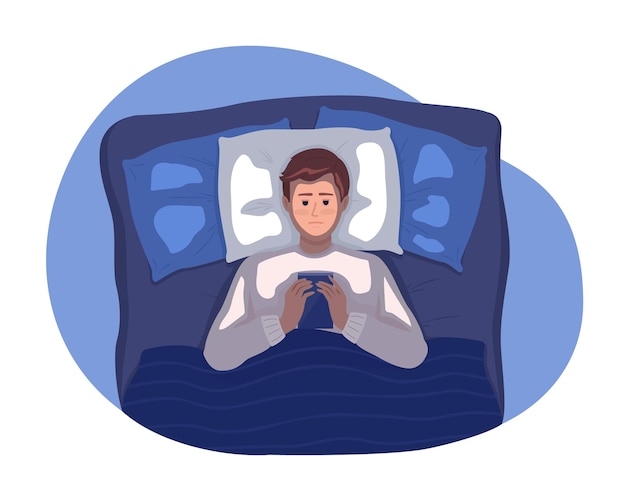 Bedtime mobile phone use 2D vector isolated illustration