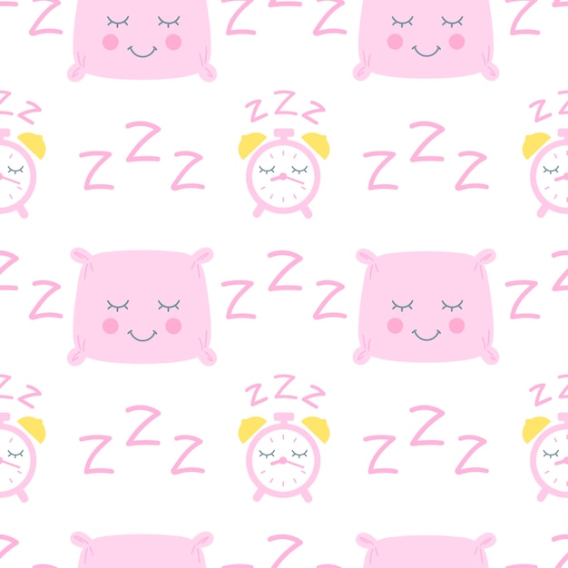就寝時のシームレスなベクトルパターン赤ちゃんの女の子のデザインのための睡眠枕と時計とzzz