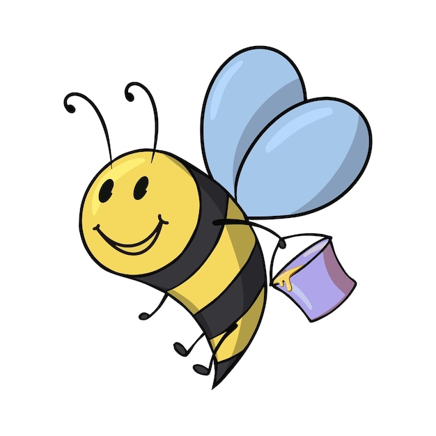 Bee carries a bucket of honey Cute little bee character vector illustration in cartoon style