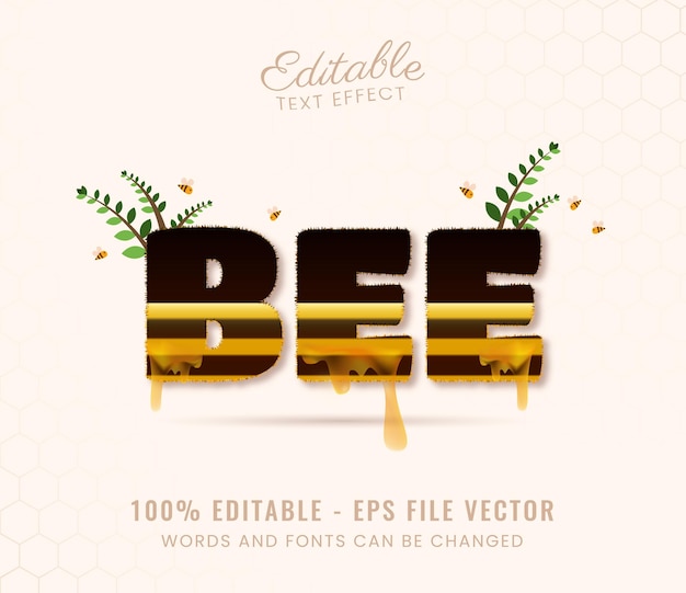 Пчелиный мультфильм 3d редактируемый текстовый эффект Premium векторы
