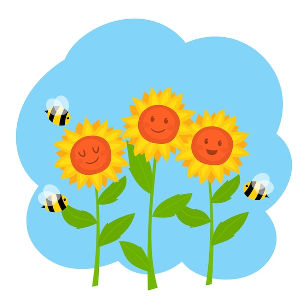 Bee cartoons with sunflower and on blue background