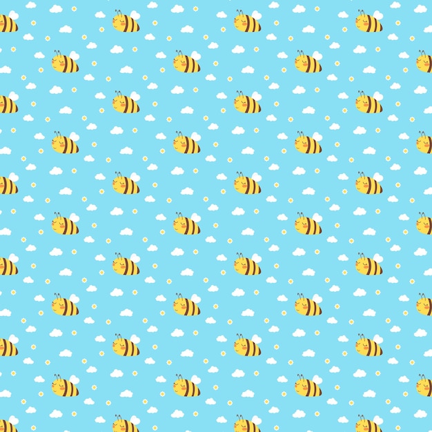 Bee clouds and flowers seamless pattern