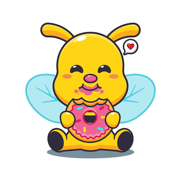 bee eating donut cartoon vector illustration