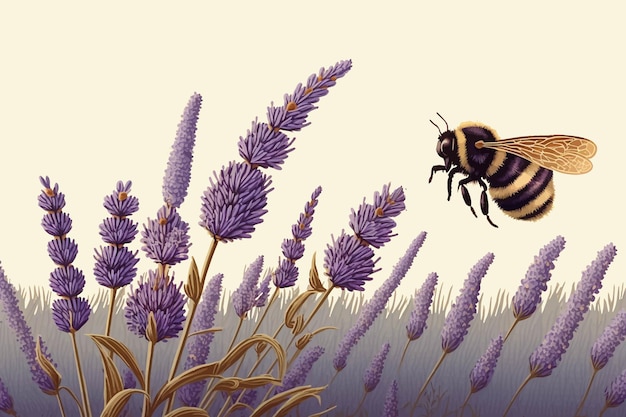 A bee flies over lavender flowers in a field