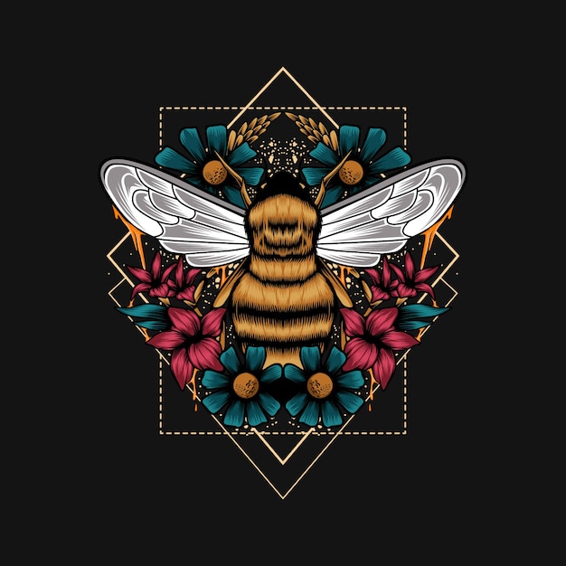 꿀벌 꽃 기하학 삽화