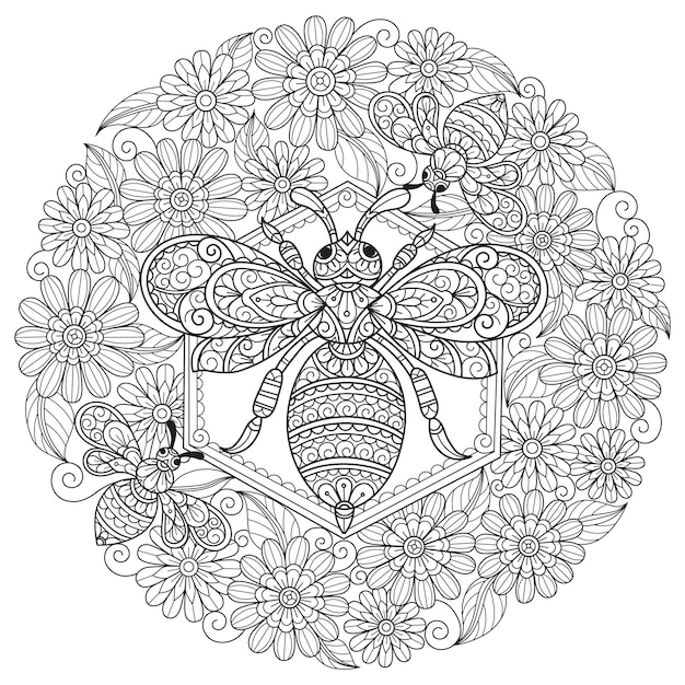 꿀벌과 꽃, 성인 색칠하기 책에 대한 손으로 그린 스케치 그림.