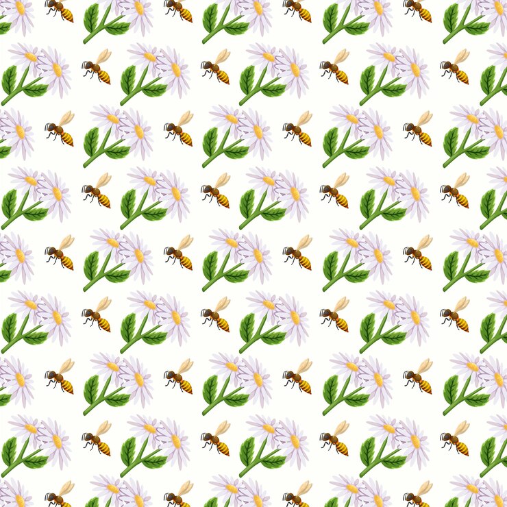 Vector bee and flower pattern honey background