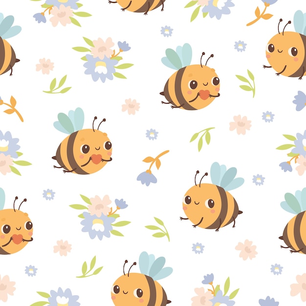 Bee and flowers seamless pattern