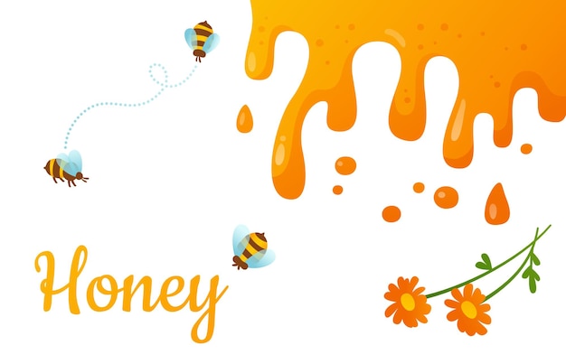 Bee fly and honey splash drops eco set spatters drop flowing liquid vector