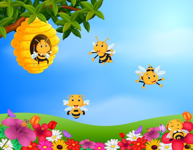 정원에서 벌집 주위를 비행하는 꿀벌