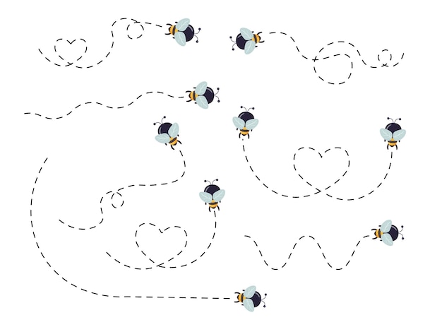 Bee flying on a dotted route Cute bee character set