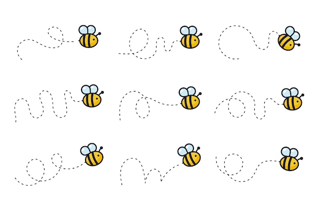 Vector bee flying path. a bee flying in a dotted line the flight path of a bee to honey.