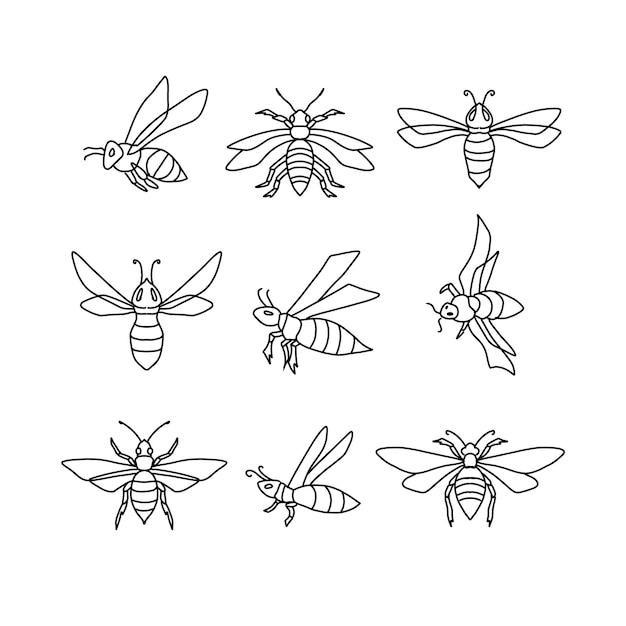 Нарисованные от руки каракули иллюстрации векторный набор пчел