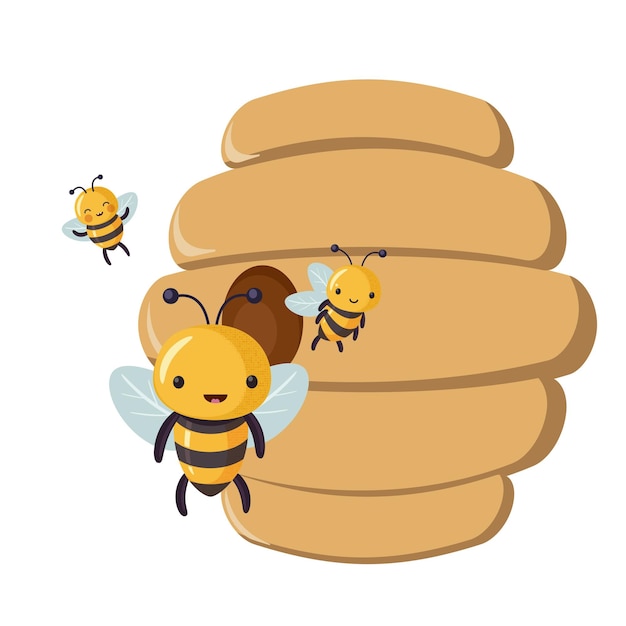 蜂の巣とその住民 フラット スタイルの漫画の蜂のかわいいキャラクター