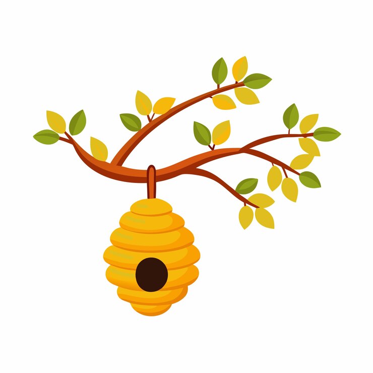 Vector bee hive hanging on a tree branch with leaves in cartoon style vector 7