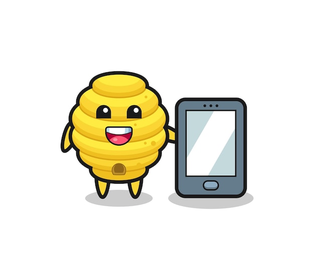 Bee hive illustration cartoon holding a smartphone  cute design