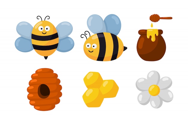 Vector bee and honey cartoon set isolated
